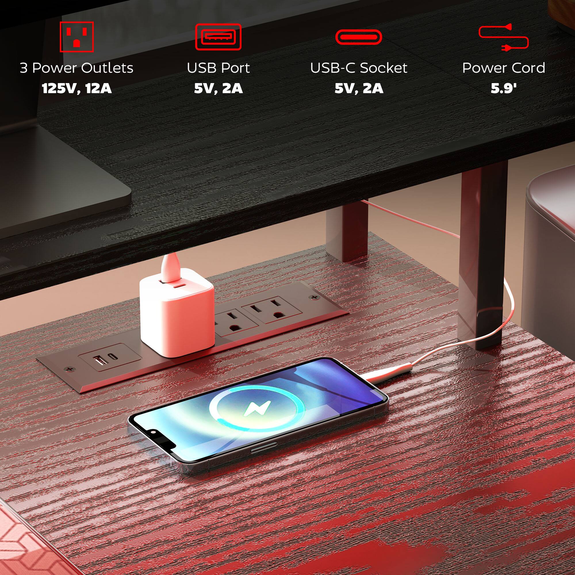 3 Power Outlets 125V, 12A, USB Port 5V, 2A, USB-C Socket 5V, 2A, Power Cord 5.9'