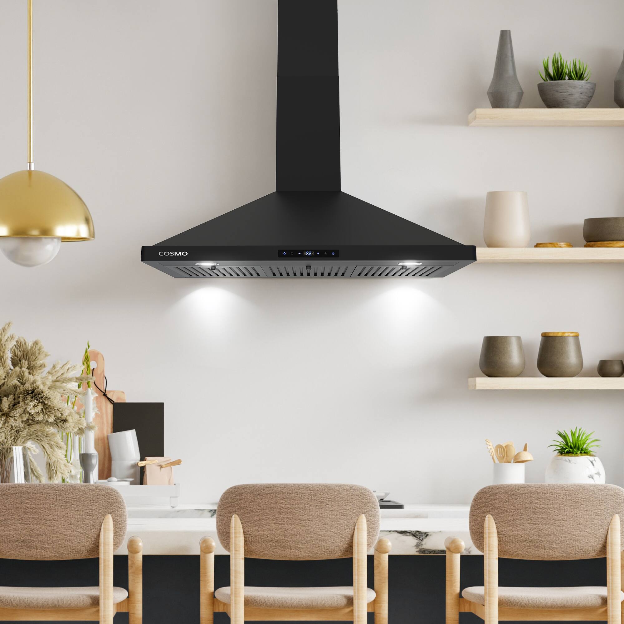 Angle. COSMO - COS-63190S-BK 36 in. Vista Collection 380 CFM Ducted Wall Mount Range Hood, Touch Controls, LED Lights - Matte Black.