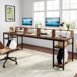 APRILSOUL - 78in Two-Person Desk Extra Long Double Computer Office Workstation with Stylish X-Legs Industrial HomeOffice Table Brown - Brown+Black