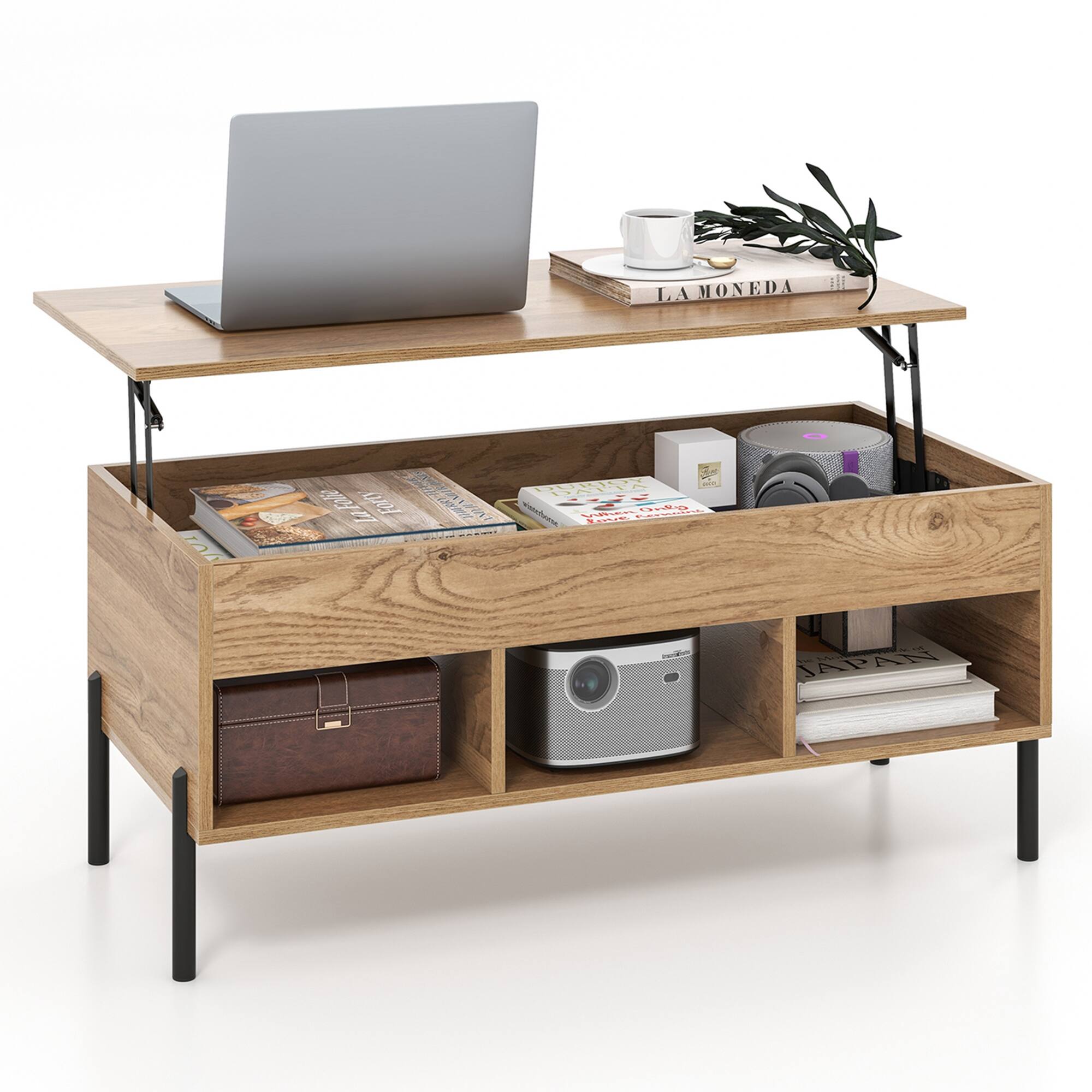 Costway - Lift Top Coffee Table with Storage Compartment & 3 Open Cubbies for Living Room - Natural