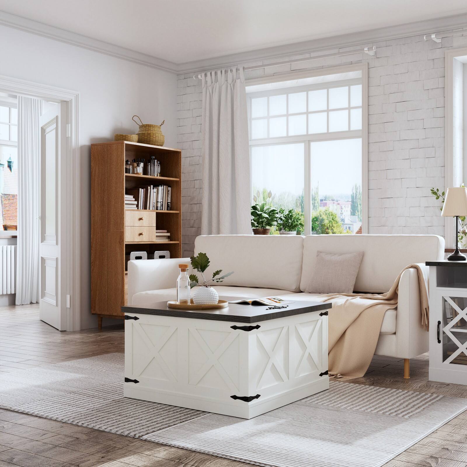 Alt View 1. Ecooso - Coffee Table, Square Wood Center Table with Large Hidden Storage Compartment, Rustic Cocktail Table with Hinged Lift Top - White.