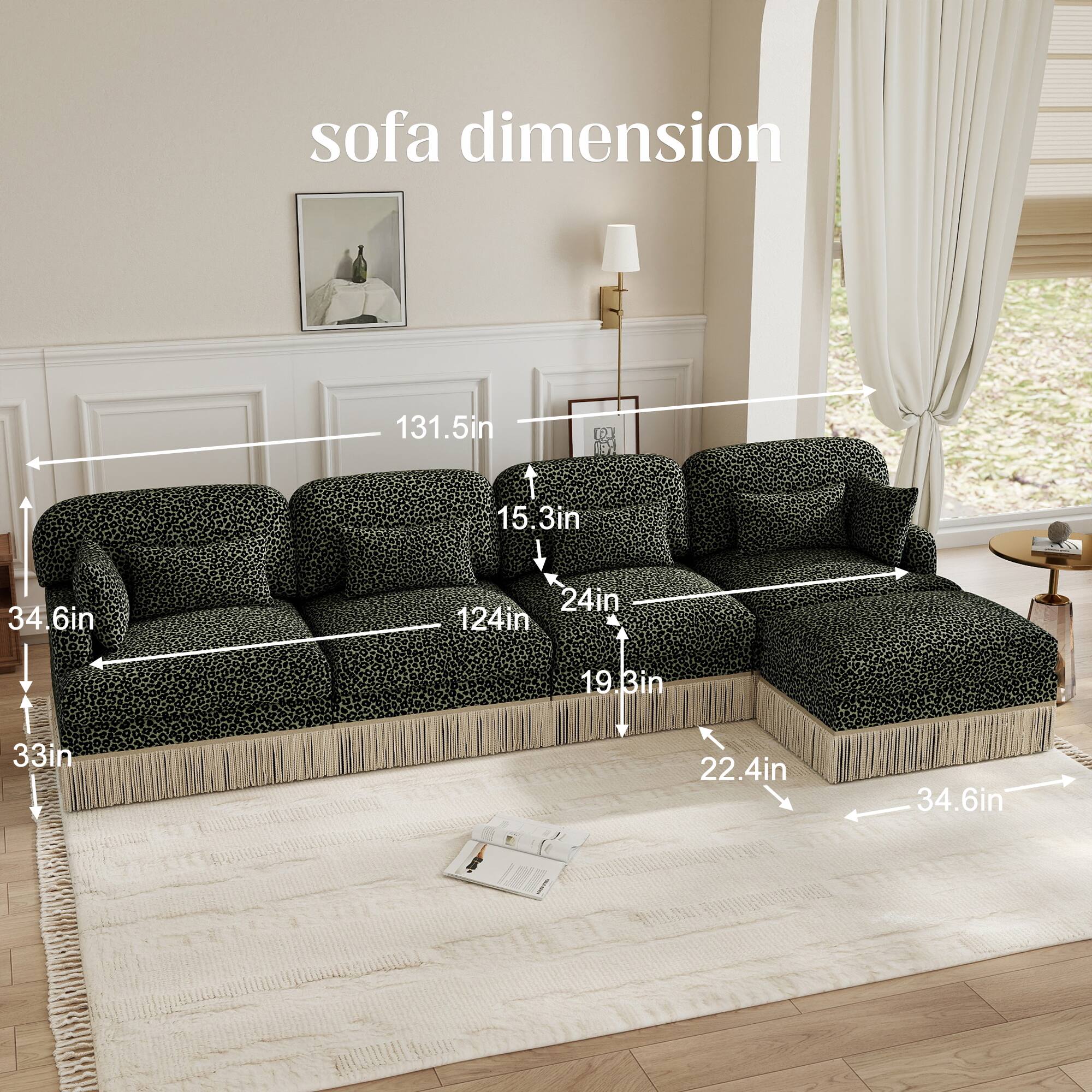 sofa dimension  
131.5in x 121in x 15.3in  
34.6in x 24in x 124in  
19.3in x 33in x 22.4in x 34.6in