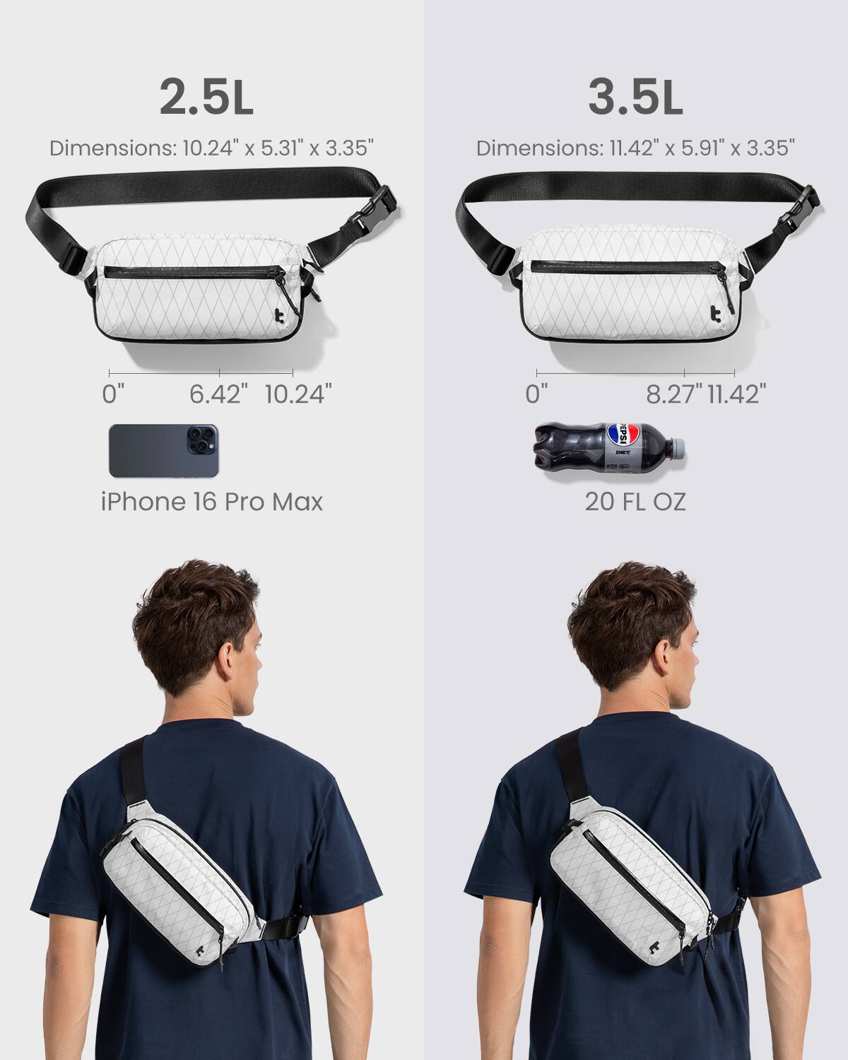 The text on the image can be grouped and corrected as follows:

2.5L:
- Dimensions: 10.24" X 5.31" X 3.35"
- 0 6.42" 10.24" 0 EPS 8.27" 11.42"
- iPhone 16 Pro Max 20 FL OZ

3.5L:
- Dimensions: 11.42" X 5.91" X 3.35"
- 0 6.42" 11.42" 0 EPS 8.27" 10.24"
- iPhone 16 Pro Max 20 FL OZ