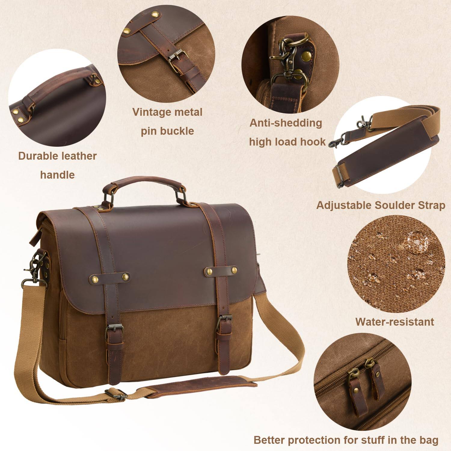 - Durable leather handle
- Vintage metal pin buckle
- Anti-shedding high load hook
- Adjustable Shoulder Strap
- Water-resistant
- Better protection for stuff in the bag