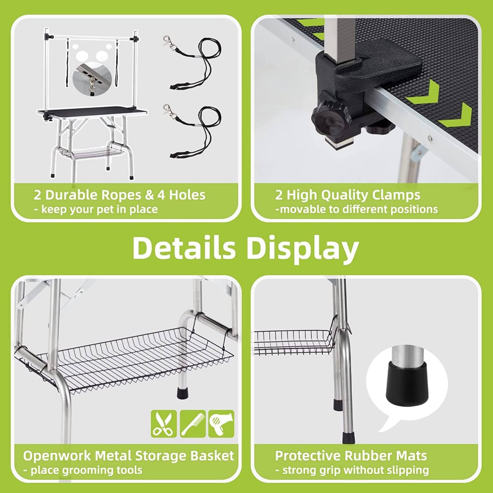 Details Display

- 2 Durable Ropes & 4 Holes
  - keep your pet in place

- 2 High Quality Clamps
  - movable to different positions

- Openwork Metal Storage Basket
  - place grooming tools

- Protective Rubber Mats
  - strong grip without slipping