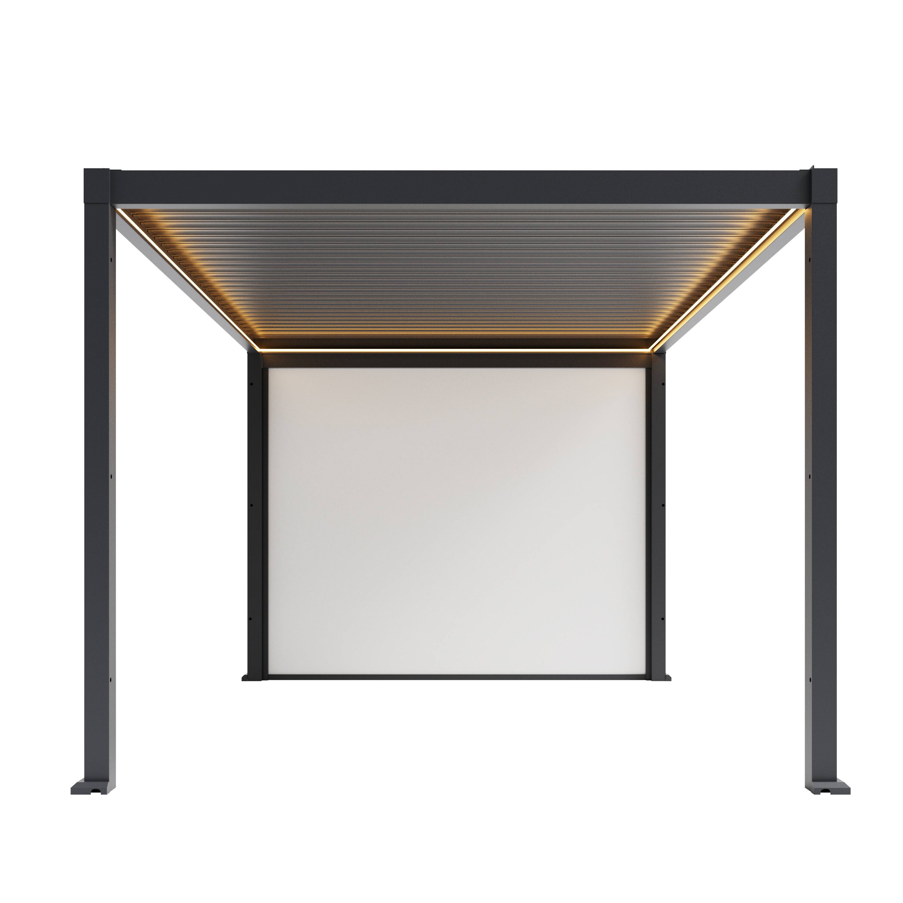 Left. Mondawe - 10x13FT Electric Aluminum Louver Pergola with LED Lights and Motorized Outdoor Projector Screen - Gray.