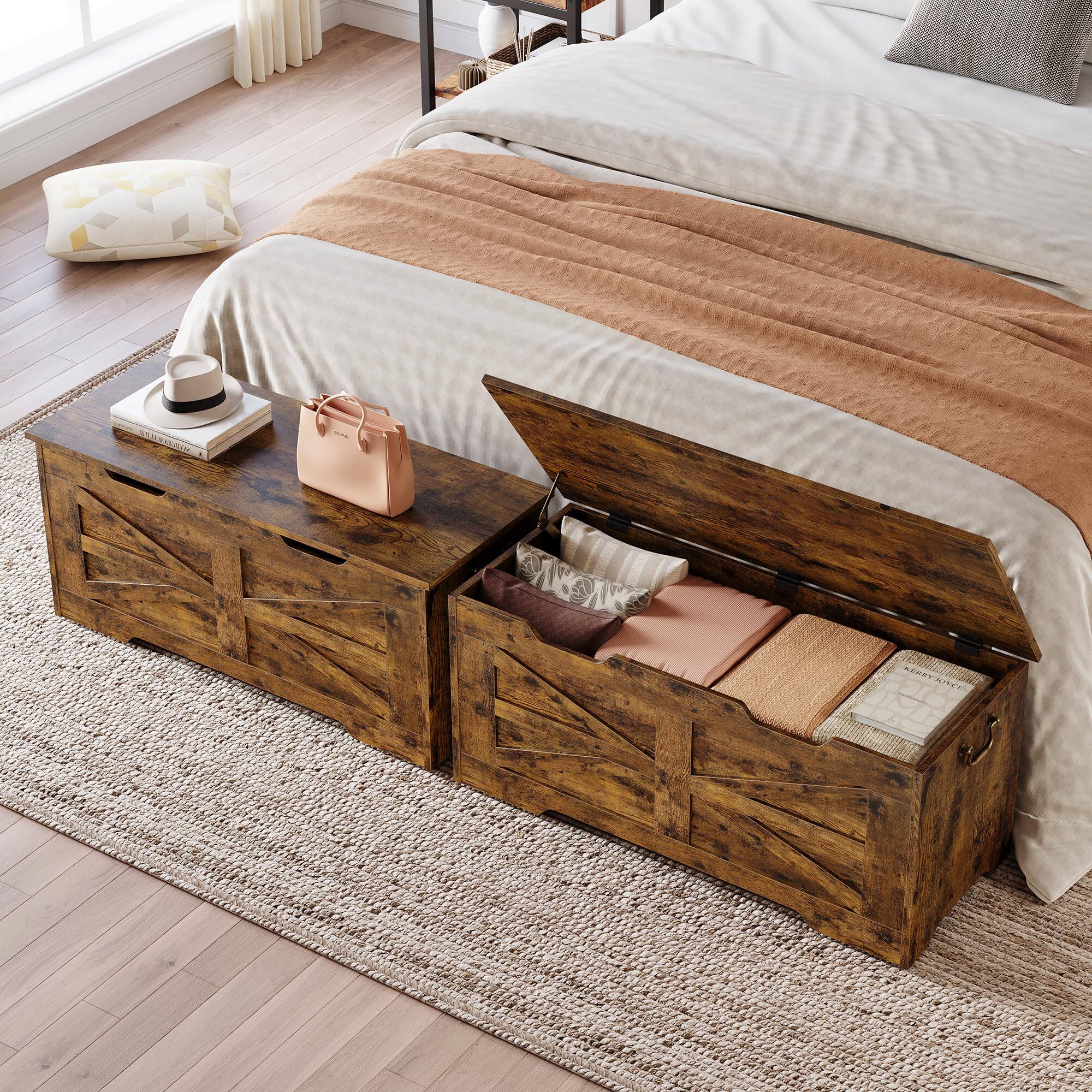 Back. Jojoka - Wooden Storage Bench with Safety Hinge, Flip Top Blanket Chest Trunks, Supports 350 Lb, for Entryway - Brown.