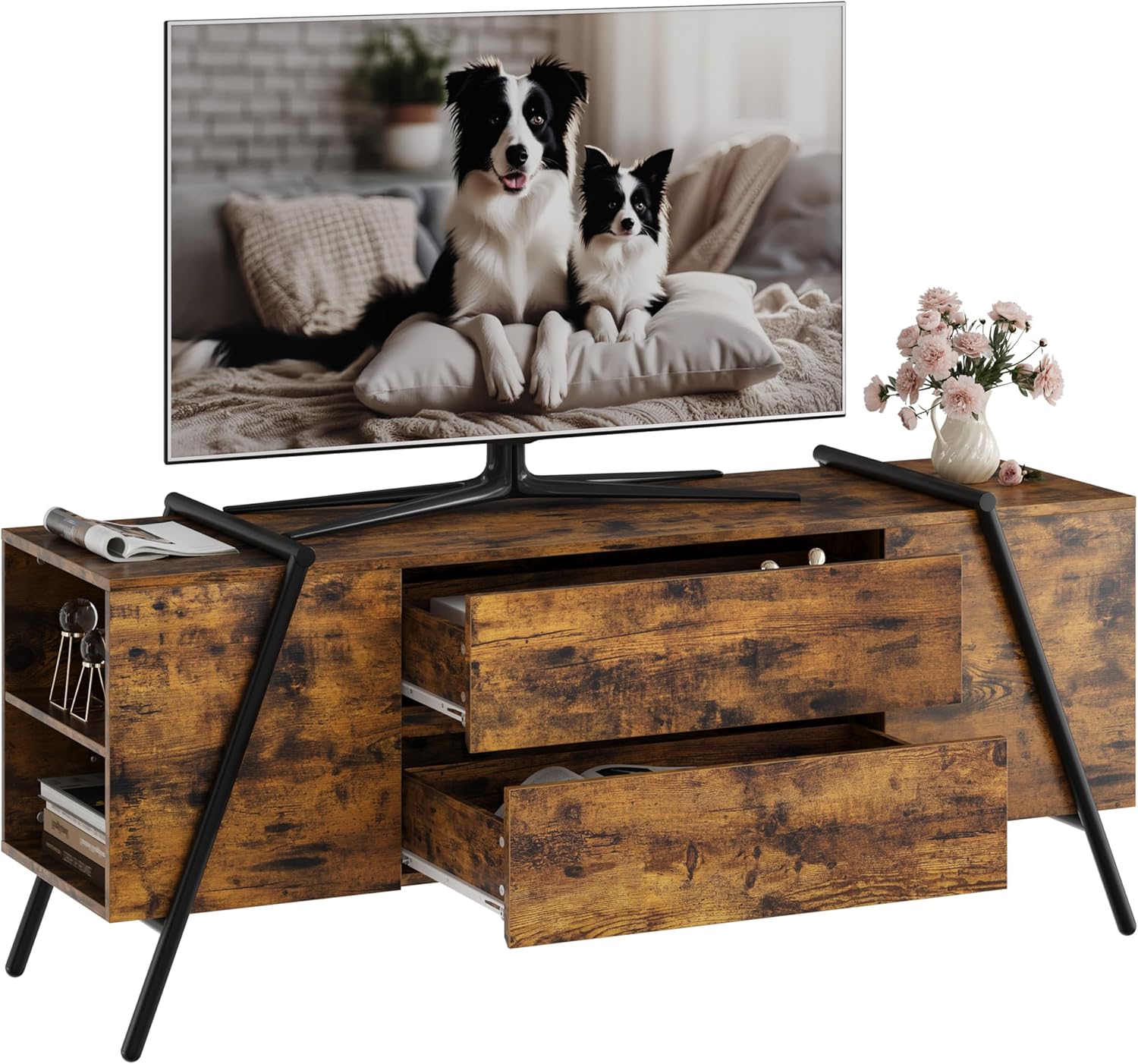 Alt View 5. Homhougo - 55" Modern Farmhouse TV Stand, Entertainment Center with 2 Drawers, Adjustable Shelves, U-Shaped Metal Legs - Retro Brown.