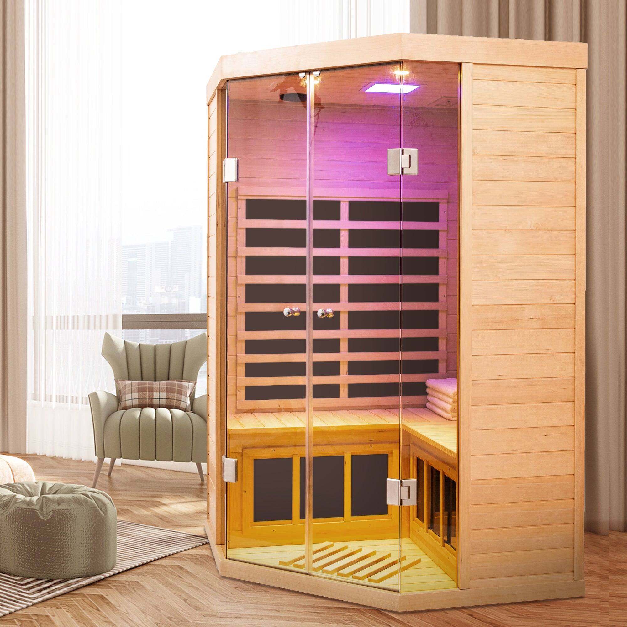 Alt View 3. Boyel Living - Two-Person Hemlock Far Infrared Corner Sauna with Bluetooth and LED Lights - Natural.