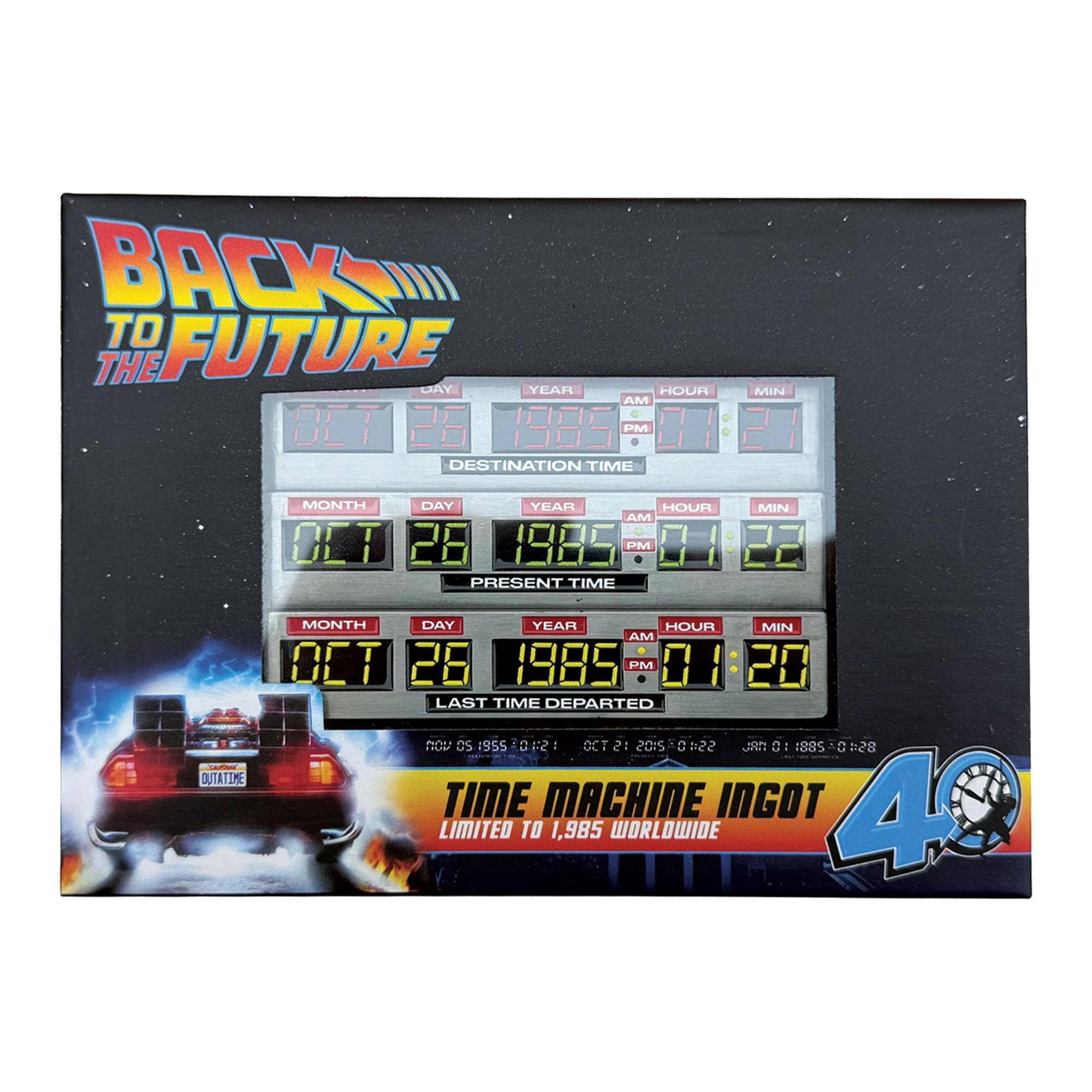 BACK TO THE FUTURE DAY YEAR HOUR AM BET 26 1395 PM H DESTINATION TIME
MIN
MONTH DAY YEAR HOUR MIN AM CHI 26 1985 PM 01 22 PRESENT TIME
OUTATIME
MONTH DAY YEAR HOUR MIN AM OCT 26 1985 PM H 20 LAST TIME DEPARTED NOV 05 :855 0:2 OCT 21 2015 1:22 1885 TIME MACHINE INGOT 4 LIMITED TO 1,985 WORLDWIDE