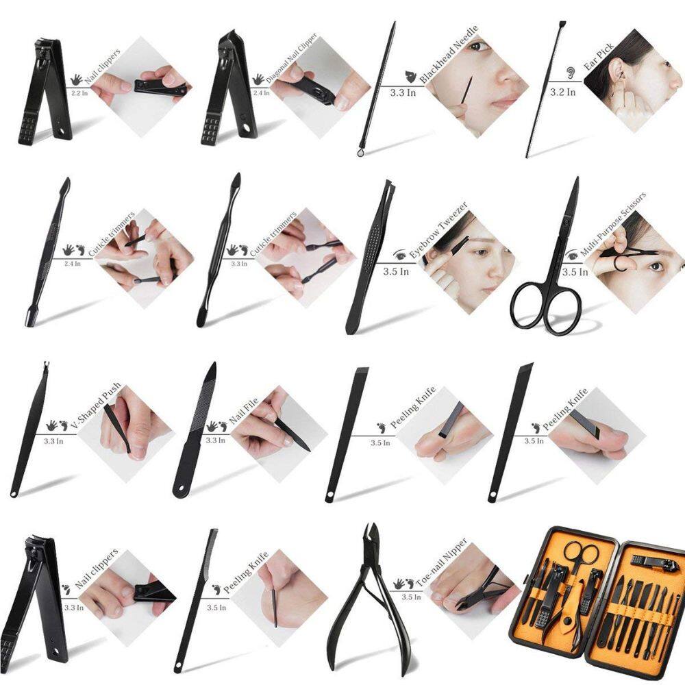 - Nail Clippers: 2.20m, 2.4h
- Clipper Nail Diagonal: 2.4h
- Blackhead Needle: 3.3 In
- Ear Pick: 3.2 In
- Cuticle Trimmers: 2.4%, 3.31n
- Tweezer Eyebrow: 3.5 In
- Multi-Purpose Scissors: 3.5 In
- Shaped Push: 3.31m
- File Nail: 33 In
- Knife Peeling: 3.5 In
- Nipper Toe-nail: 3.5 In
- Knife Peeling: 3.5 In
- Nail Clippers: 3.3 In
- Knife Peeling: 3.5 In