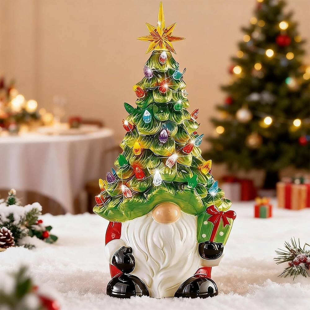 Back. Schertz - Lighted Ceramic Gnome Tree, DIY Xmas Holiday Decor with Multicolored Lights - Green.