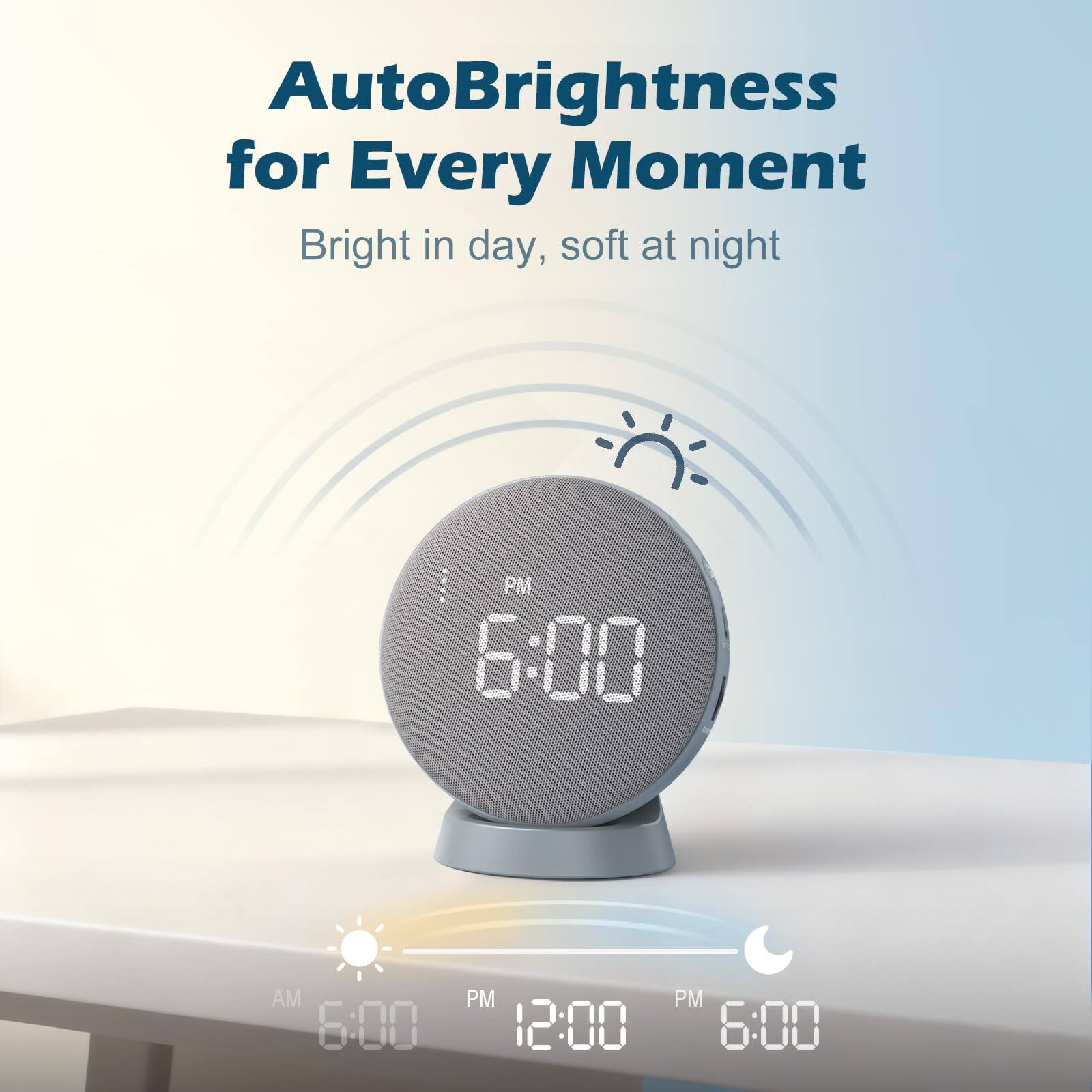 AutoBrightness for Every Moment  
Bright in day, soft at night  

PM 6:00 AM 6:00 PM 12:00 PM 6:00