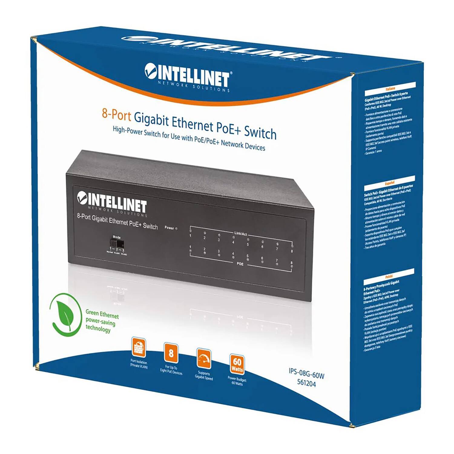 INTELLINET NETWORK SOLUTIONS 8-Port Gigabit Ethernet PoE+ Switch for Use with PoE/PoE+ Network Devices - INTELLINET NETWORK SOLUTIONS 8-Port Gigabit Ethernet PoE+ Switch - Green Ethernet power-saving technology - 8-Port Gigabit Ethernet PoE+ Switch - Supports Gigabit Speed - 60 Watts Power Budget - IPS-08G-60W 561204