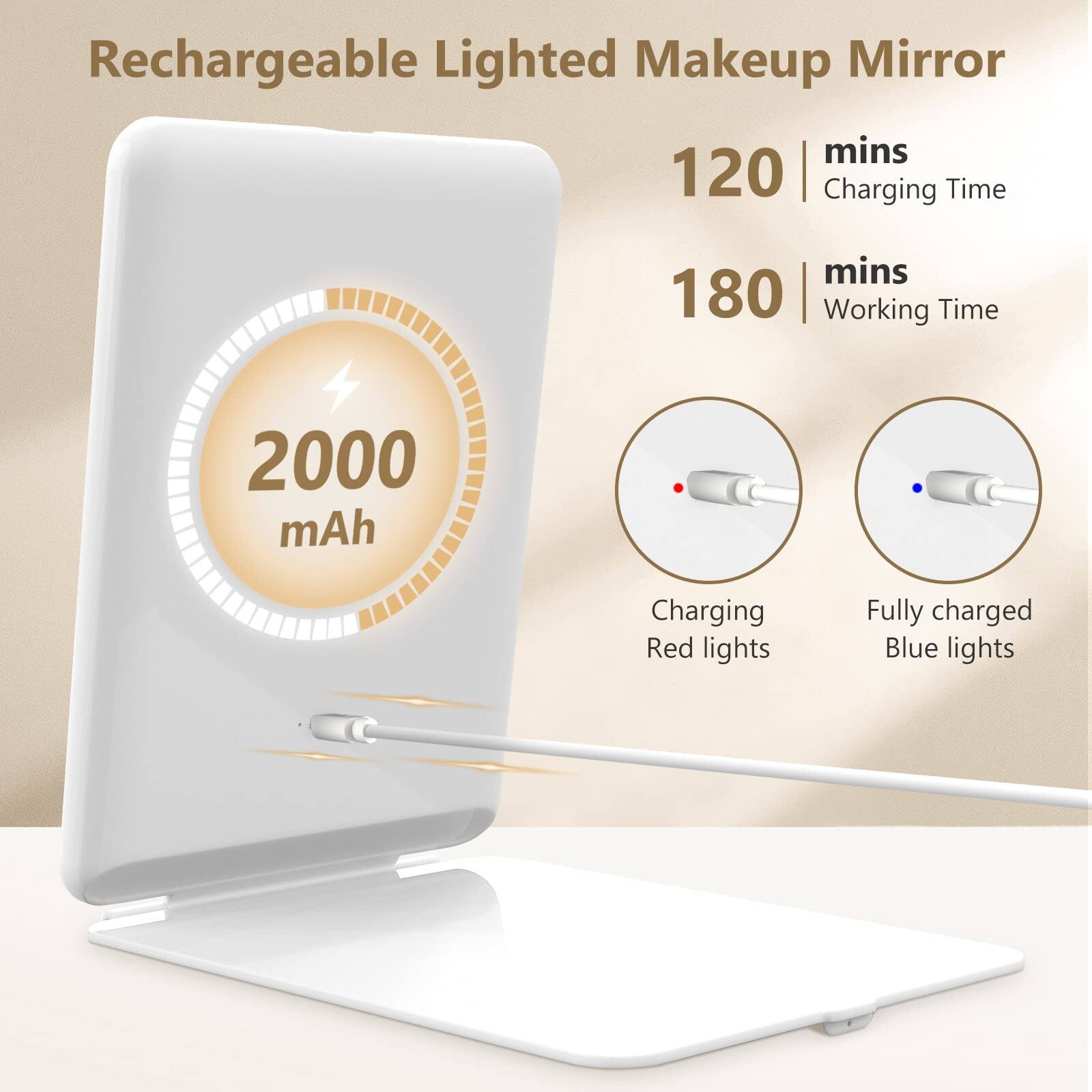 Rechargeable Lighted Makeup Mirror

- 2000 mAh
- 120 mins Charging Time
- 180 mins Working Time

Charging: Red lights
Fully charged: Blue lights