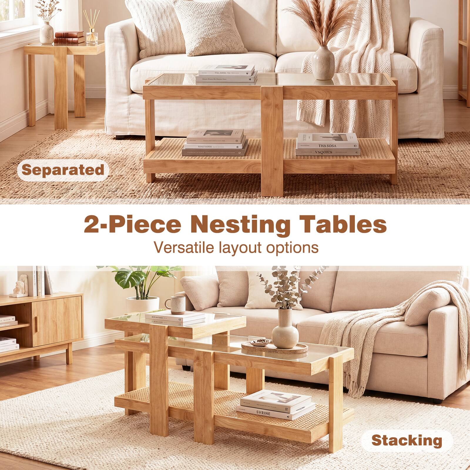 - I - I THASONA NOOIN Separated 2-Piece Nesting Tables Versatile layout options H 2 SVRIME Stacking