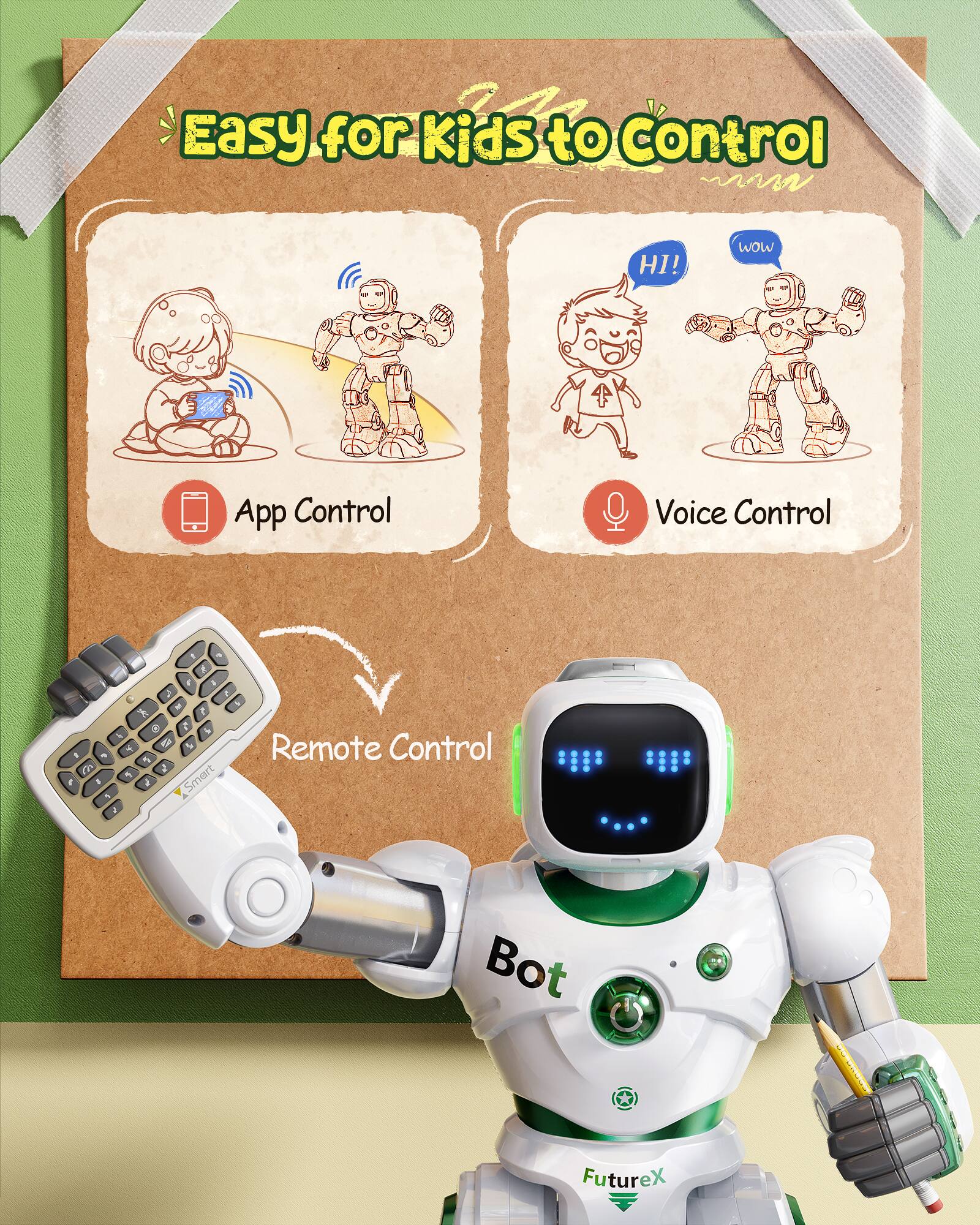 Easy for Kids to Control

App Control
Voice Control

Remote Control

Bot

FutureX