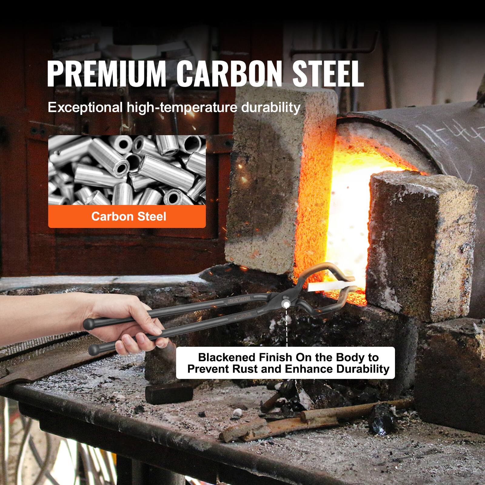 PREMIUM CARBON STEEL  
Exceptional high-temperature durability  

Carbon Steel  

Blackened Finish On the Body to Prevent Rust and Enhance Durability