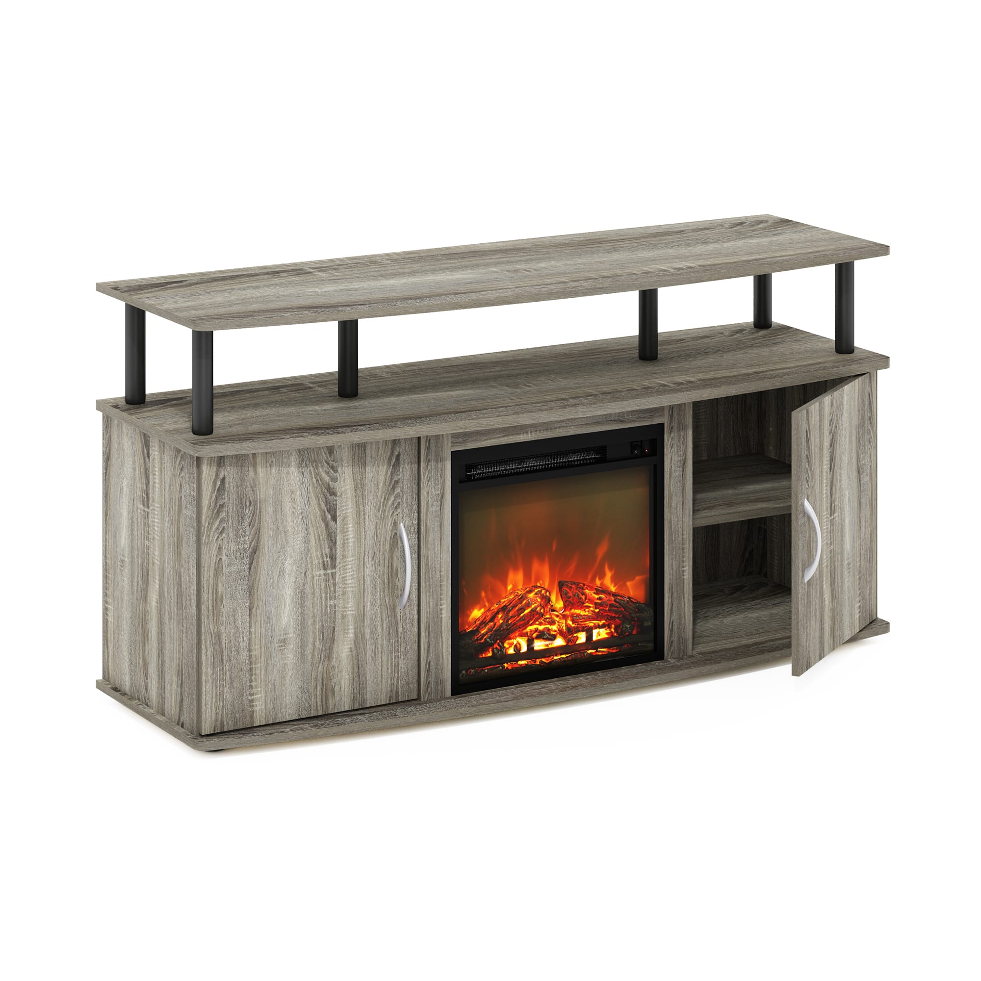 Furinno - Jensen Living Room Fireplace Entertainment Center with Doors Storage Cabinet for TV up to 55 Inch - French Oak Grey/Black