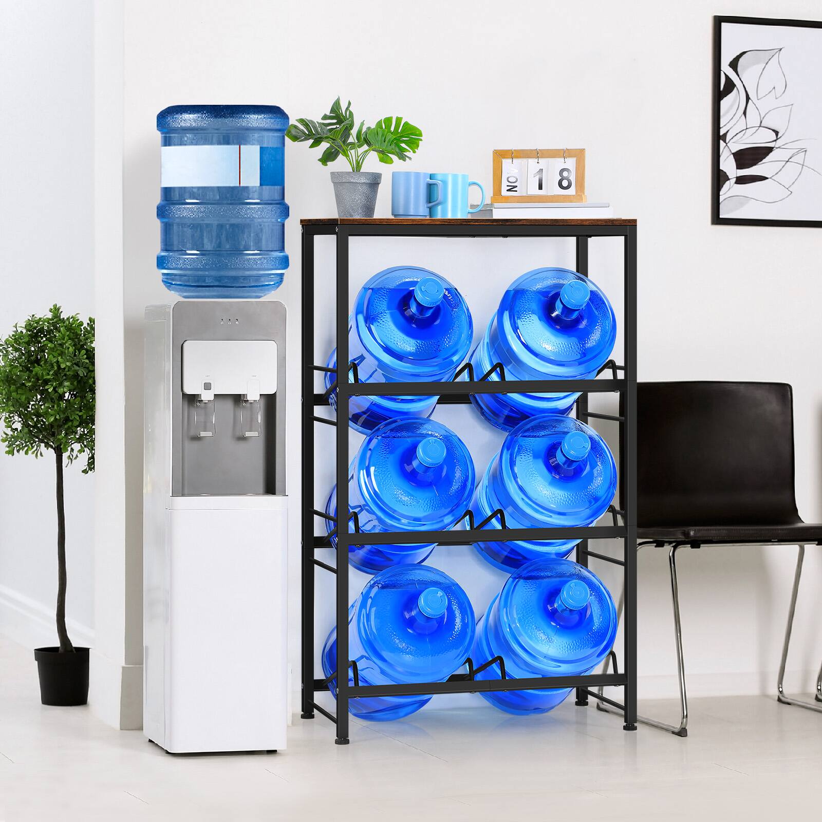 Alt View 1. Oumilen - 3-Tier Double Row Water Jug Storage Rack with Top Brown Wood Shelf, 5 Gallon Water Bottle Organizer for Kitchen Office - Brown.