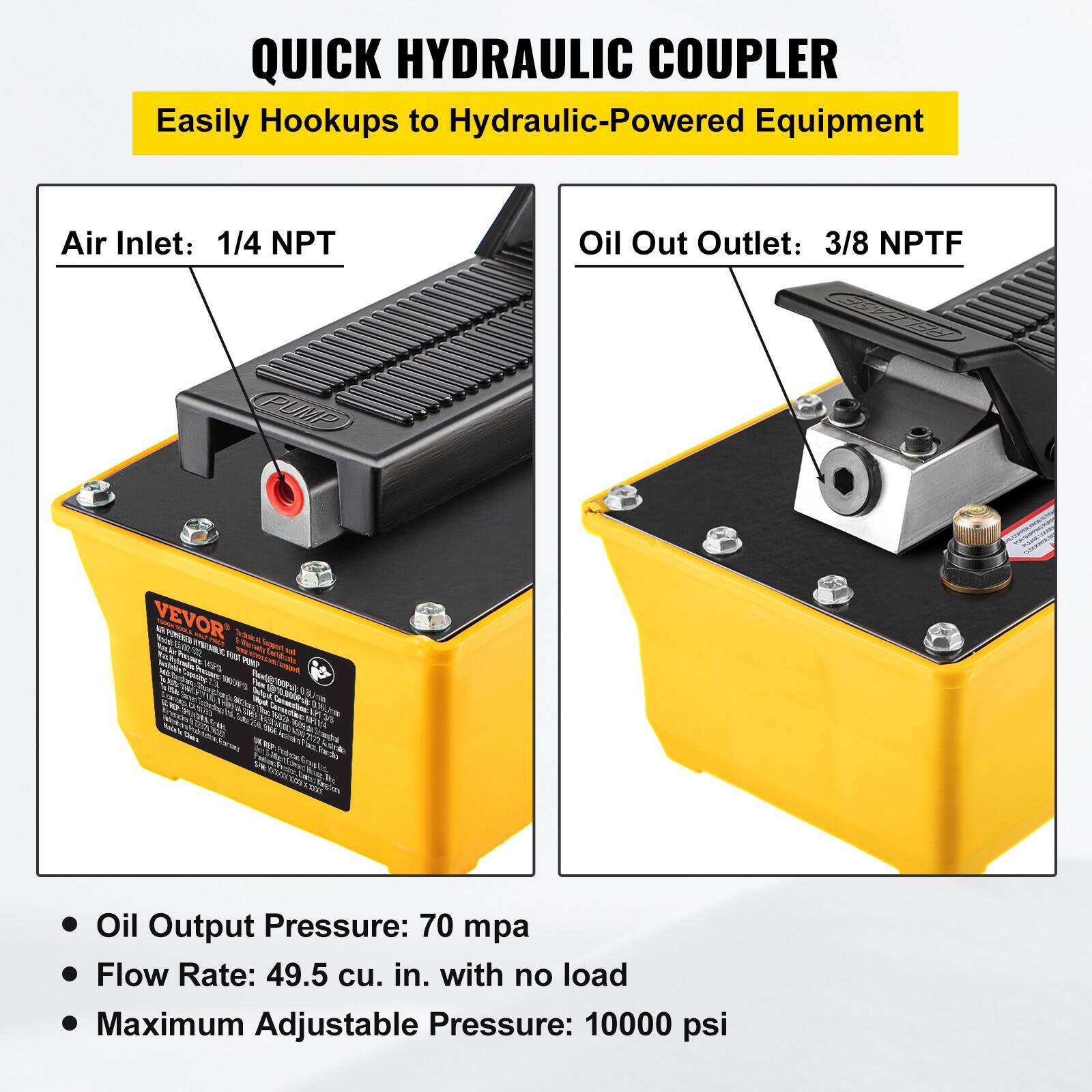 QUICK HYDRAULIC COUPLER  
Easily Hookups to Hydraulic-Powered Equipment

Air Inlet: 1/4 NPT  
Oil Out Outlet: 3/8 NPTF

- Oil Output Pressure: 70 mpa  
- Flow Rate: 49.5 cu. in. with no load  
- Maximum Adjustable Pressure: 10000 psi