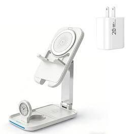 SKRAN - Multi-Functional Phone Stand - 3-in-1 Foldable Wireless Charger, Magnetic Stand for Apple iPhone, Earphones, Watch,White - White