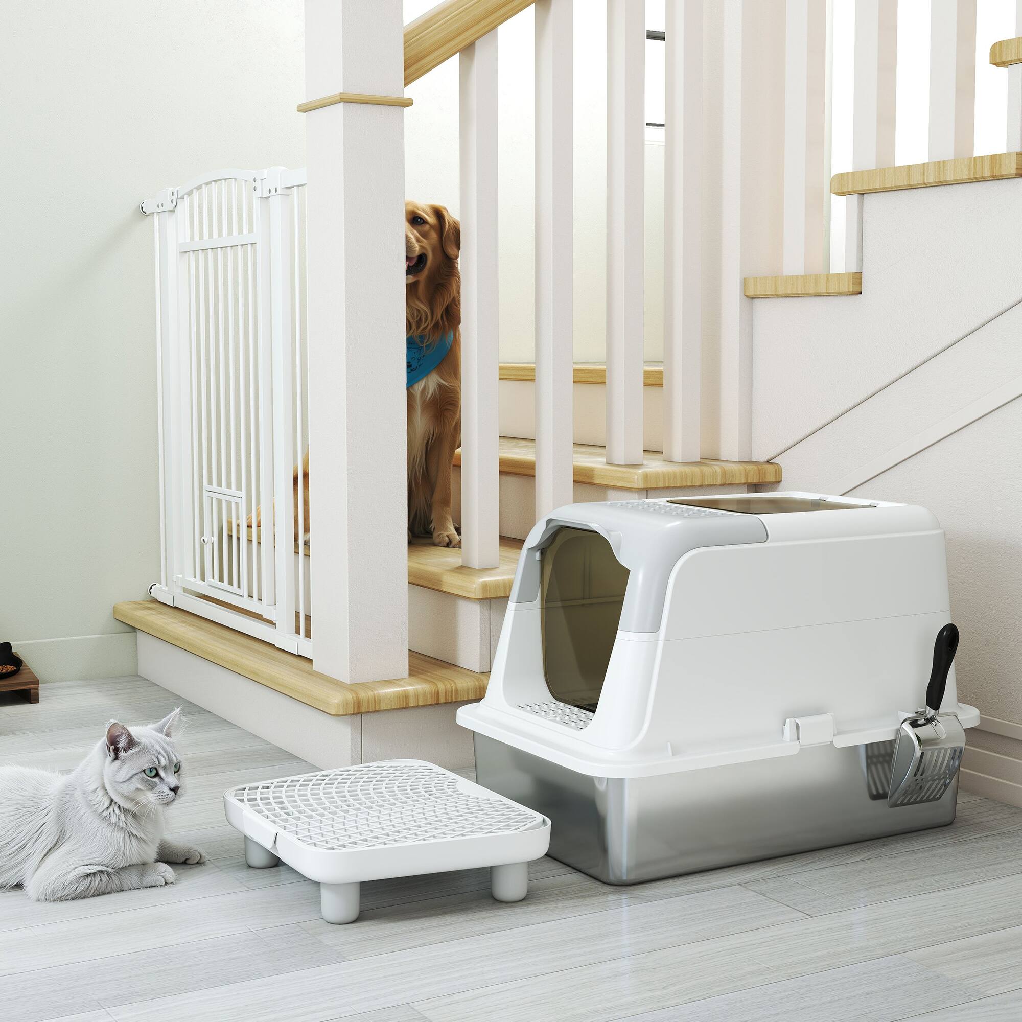 Alt View 5. Pawhut - Stainless Steel Litter Box, Extra Large Enclosed Cat Litter Box w/Front-Entry, Top-Exit, Scoop, Deodorizer Bag - White.