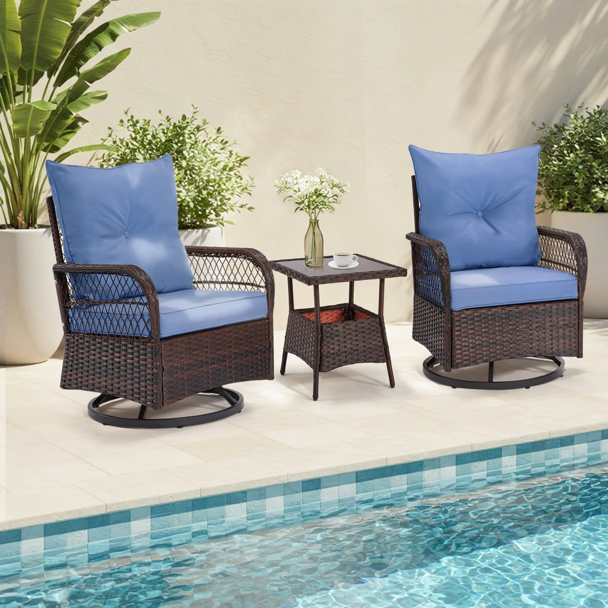Front. U-HOMY - 3-Piece Outdoor Swivel Rocking Chair Patio Set with Cushions & Coffee Table, PE Rattan Furniture - Blue.