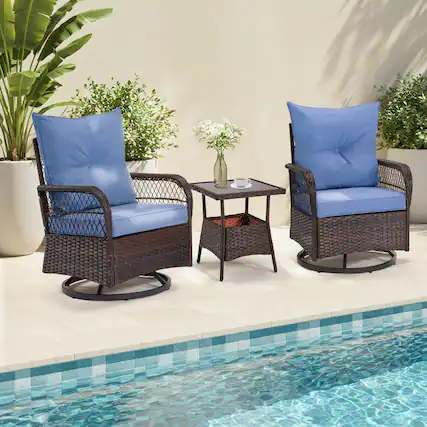 Front. U-HOMY - 3-Piece Outdoor Swivel Rocking Chair Patio Set with Cushions & Coffee Table, PE Rattan Furniture - Blue.