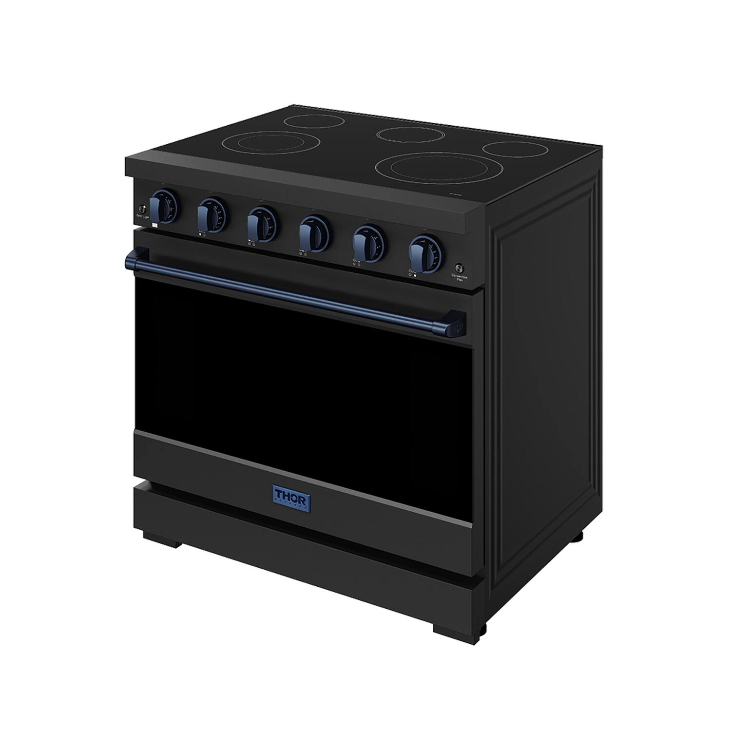 Angle. Thor Kitchen - Gordon Ramsay Series by Thor Kitchen 6.0 Cu. Ft Freestanding Electric Range with Navy Blue Hardware - Black.