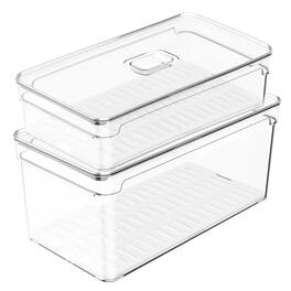 OU - Fridge Food Organizer Bins w Vented Lid & Drain Tray, Stackable Refrigerator Storage Container - Clear