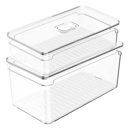 Front. OU - OU Fridge Food Organizer Bins w Vented Lid & Drain Tray, Stackable Refrigerator Storage Container - Clear.