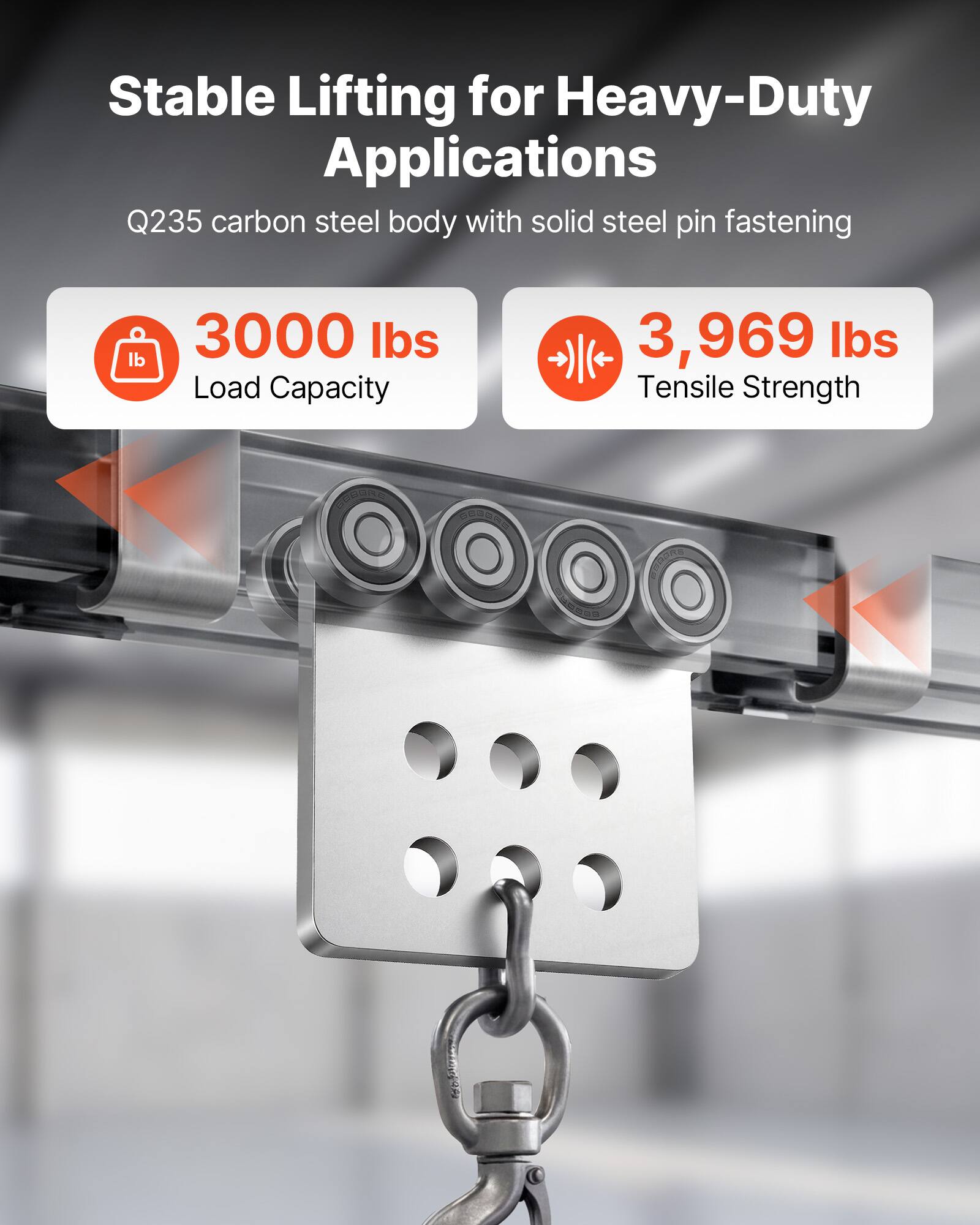 Stable Lifting for Heavy-Duty Applications  
Q235 carbon steel body with solid steel pin fastening  
3000 lbs Load Capacity  
3,969 lbs Tensile Strength