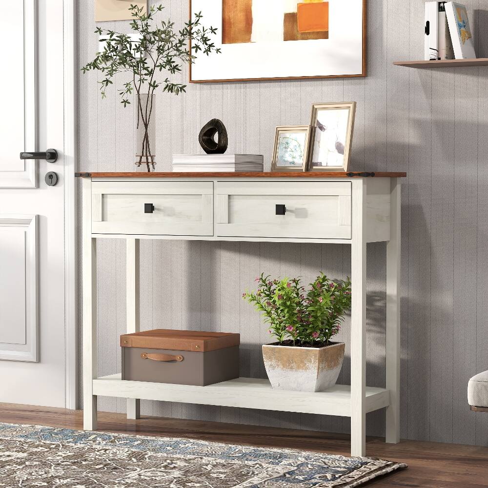 Angle. Loheer - Loheer Farmhouse Console Table with Drawers Antique White Entryway Table Rustic Sofa Table - Antique White.