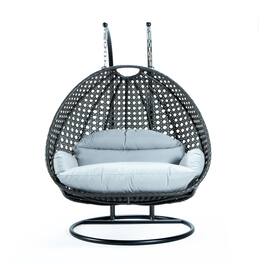 LeisureMod - Outdoor 2-Person Charcoal Wicker Egg Swing Chair with Steel Stand, Washable Cushions & Waterproof Cover - Light Gray