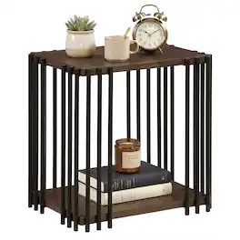 Costway - 1 PCS Rubber Wood Side Table with 2-Layer Storage Shelves, Metal Frame for Living Room - Walnut,Black