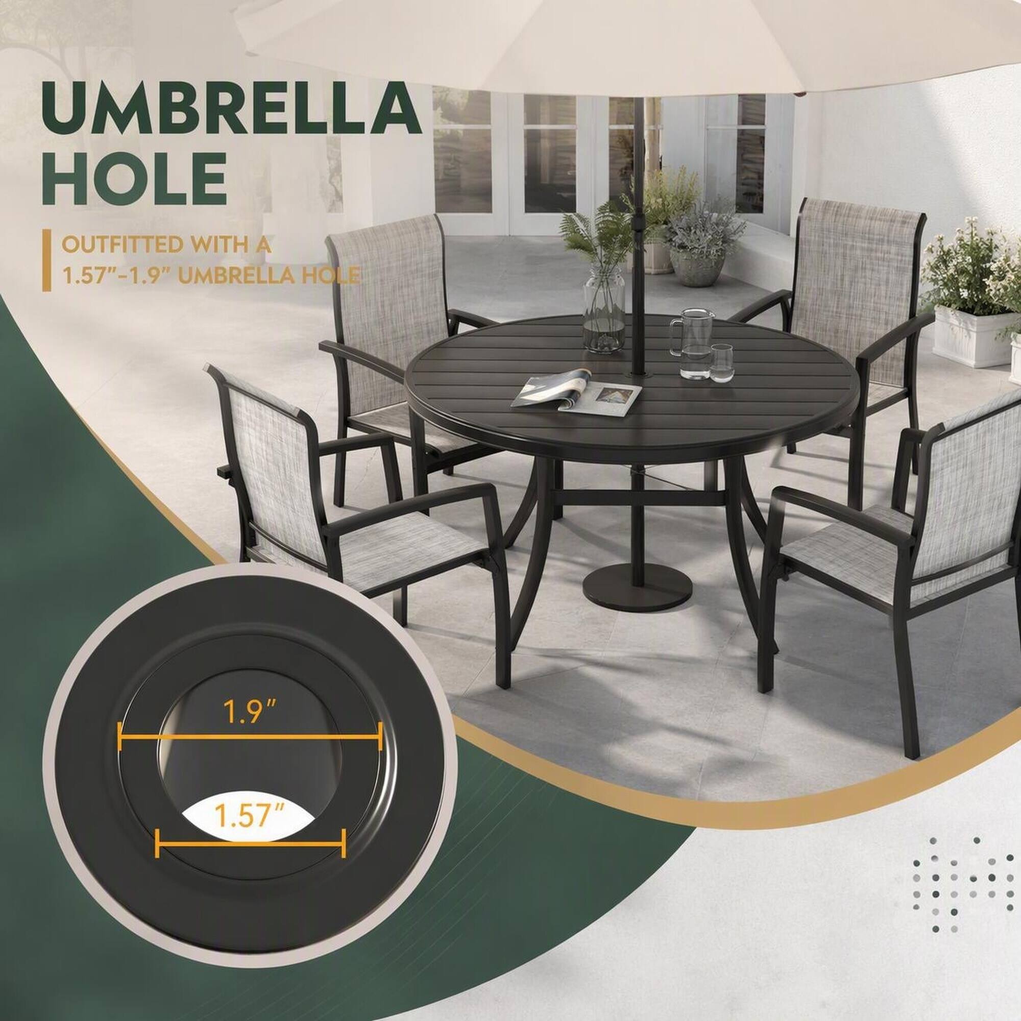 UMBRELLA HOLE OUTFITTED WITH A 1.57"-1.9" UMBRELLA HOLE