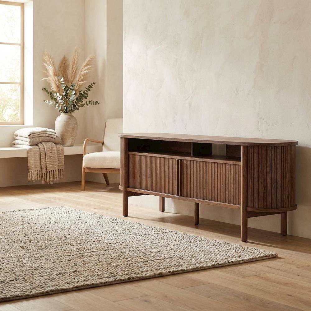 Left. FurniFact - Curved TV Stand in Brown, Rubberwood Solids, Walnut Veneers, Stylish Storage - Brown.
