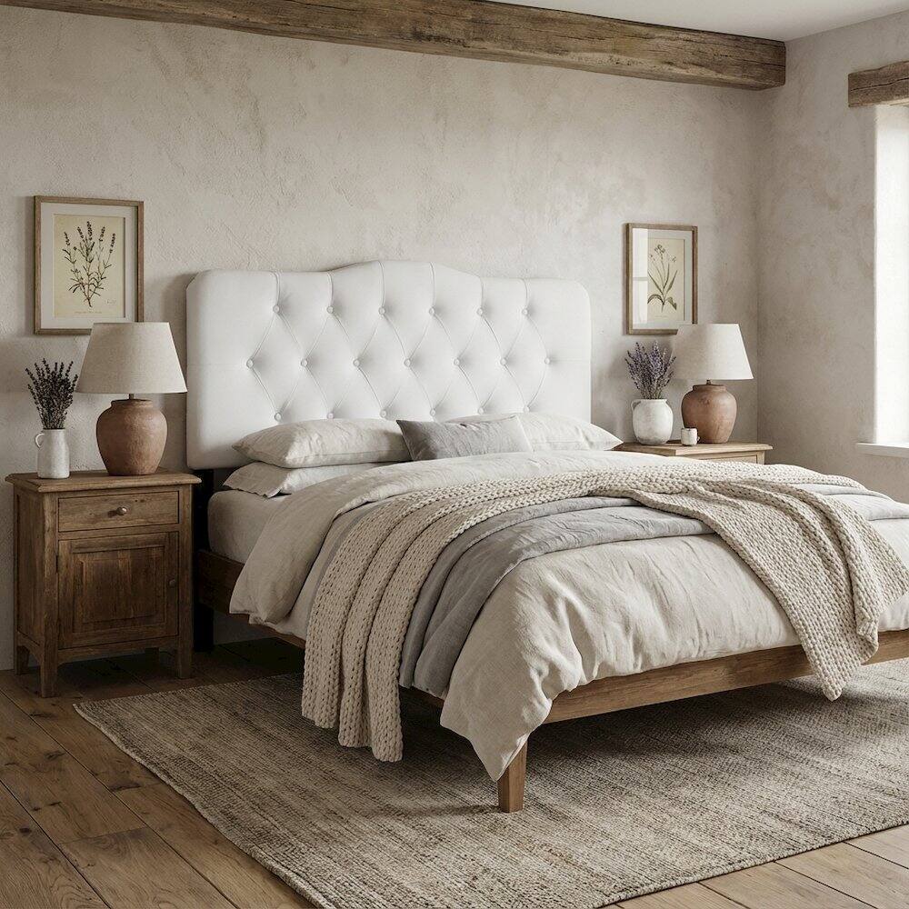 Angle. FurniFact - Upholstered Vinyl Queen Headboard with Stylish Design and Durable Finish - White.
