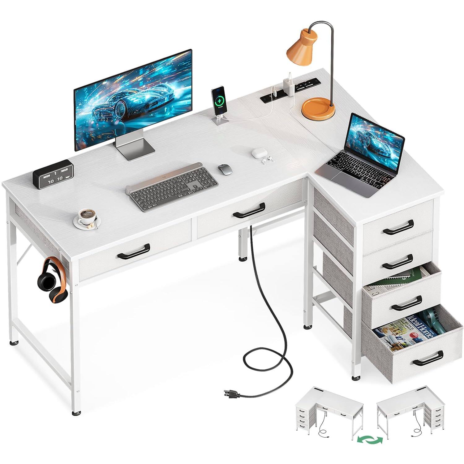 ELLwAker Zell Electronics 42 Inch L Shaped DeskSix Drawers, Power