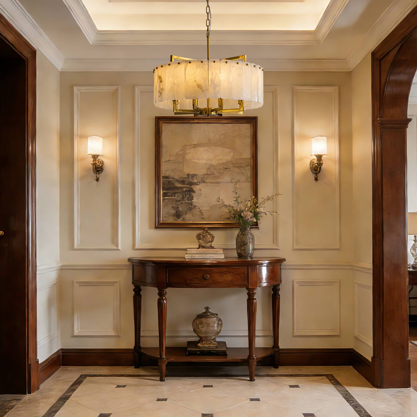 Alt View 2. Siljoy - 24 Inch Alabaster Round Chandelier, Modern Luxury 8-Light Brass Marble Pendant Light for Living Dining Entryway - Gold Brass.