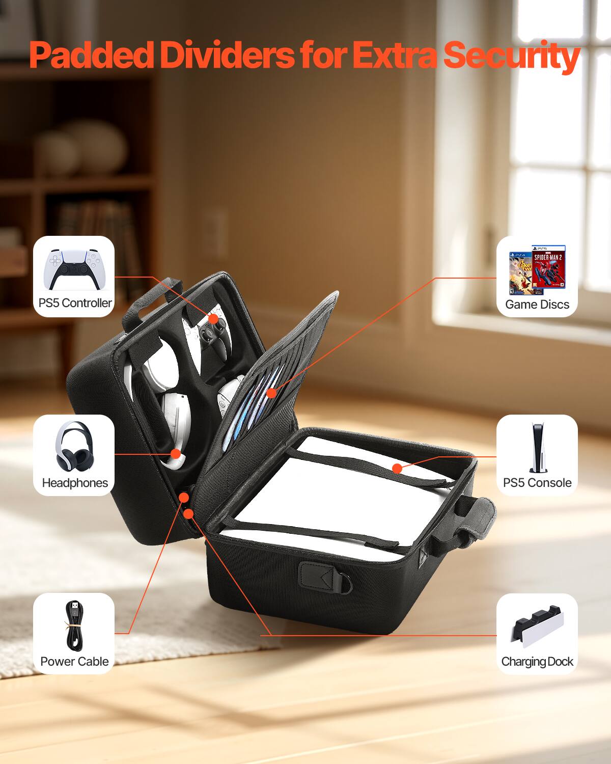 Padded Dividers for Extra Security

- PS5 Controller
- Headphones
- Game Discs
- PS5 Console
- Power Cable
- Charging Dock