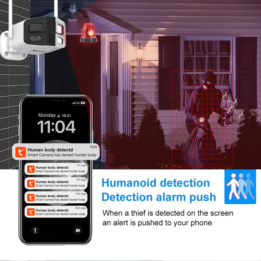 - It's Monday 18:31
- 11:04 now
- Human body detected
- Smart Camera has detected human body
- Human body detected 1m ago
- Smart Camera has detected human body
- Human body detected 5m ago
- Smart Camera has detected human body
- Human body detected 10m ago
- Smart Camera has detected human body
- Human body detected 30m ago
- Smart Camera has detected human body
- Humanoid detection
- Detection alarm push
- When a thief is detected on the screen, an alert is pushed to your phone