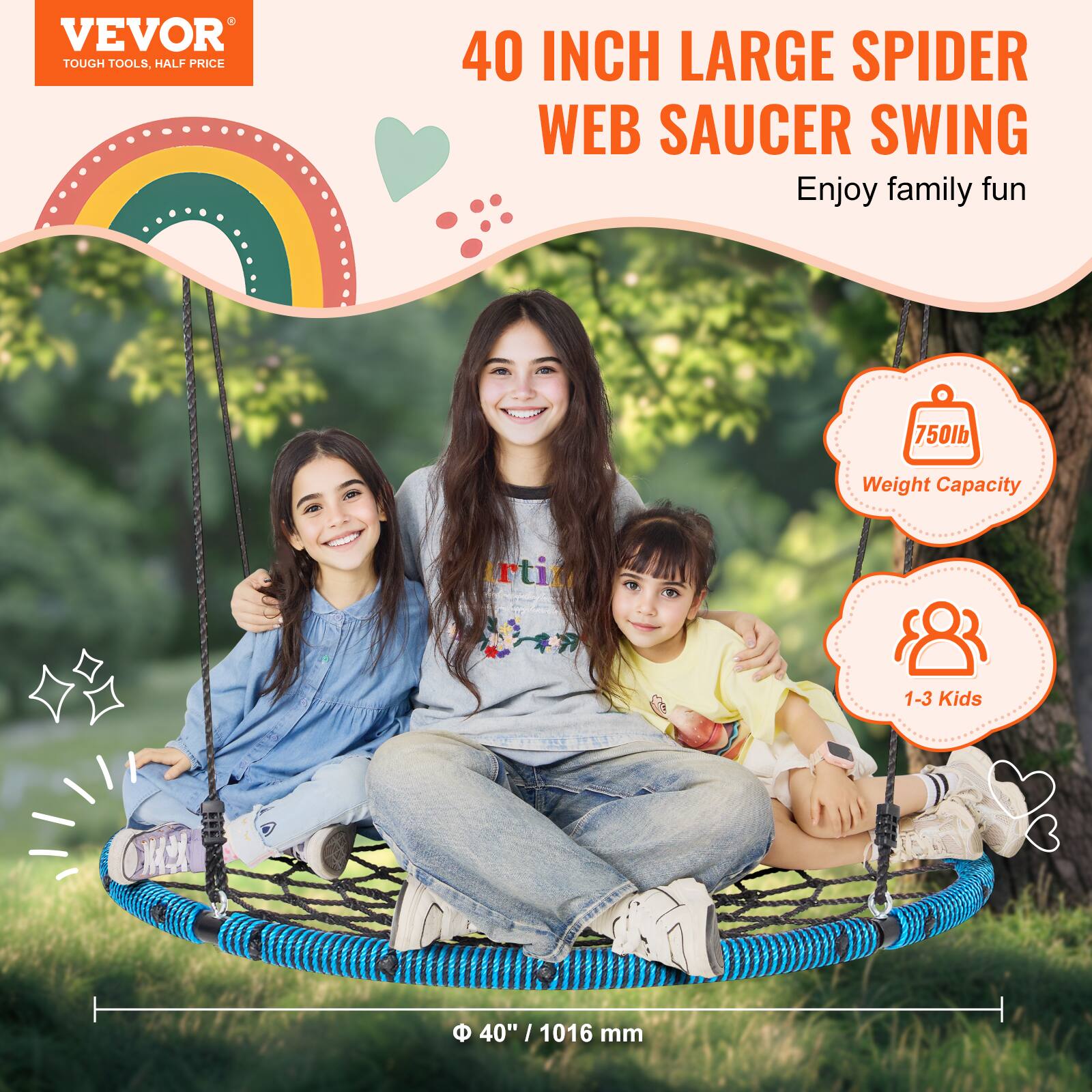 VEVOR TOUGH TOOLS. HALF PRICE 40 INCH LARGE SPIDER WEB SAUCER SWING. Enjoy family fun. 750lb Weight Capacity. 1-3 Kids. 40" / 1016 mm.