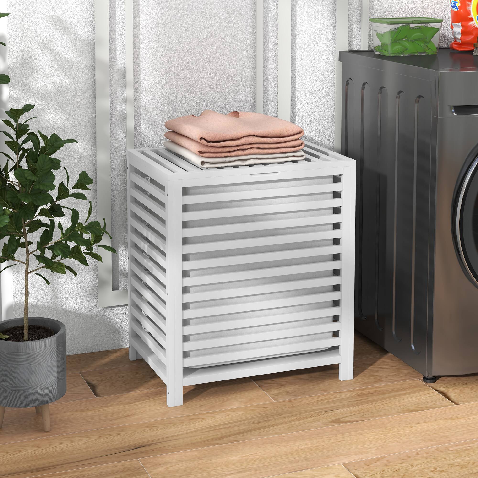 Alt View 2. Homcom - Bamboo Laundry Hamper with Lid, Laundry Basket with Removable Liner Bag, Dirty Clothes Hamper, 19.75 x 14.25 x 23.5 In - White.