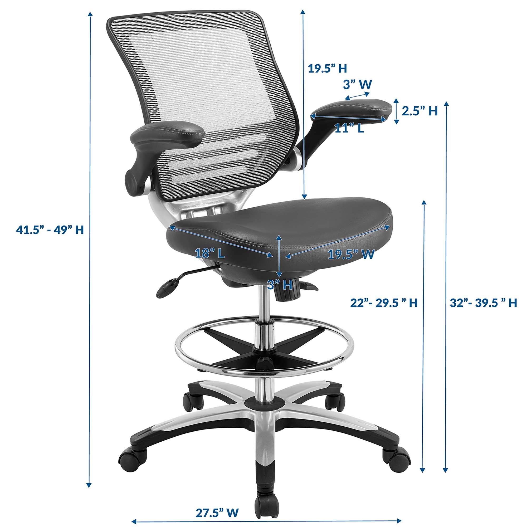 - Height: 41.5" - 49"
- Width: 27.5"
- Depth: 18"
- Seat Height: 22" - 29.5"
- Seat Width: 19.5"
- Seat Depth: 11"
- Back Height: 19.5"
- Back Width: 3"
- Armrest Height: 2.5"
- Armrest Width: 3"
- Armrest Depth: 11"
- Overall Height: 32" - 39.5"