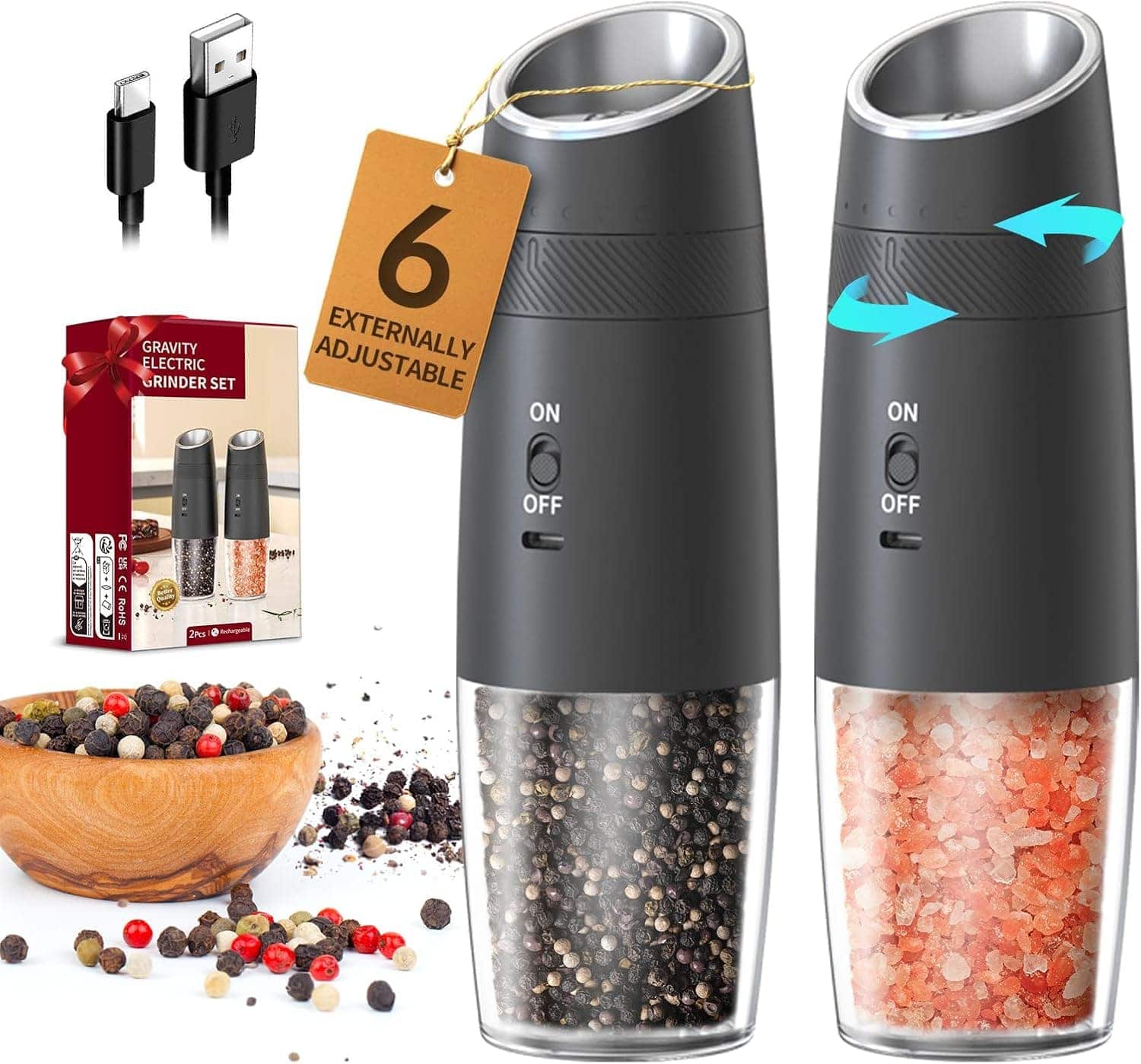 FINEAK - Rechargeable Gravity Salt & Pepper Grinder Set - One-Hand Operation, LED Light - Black