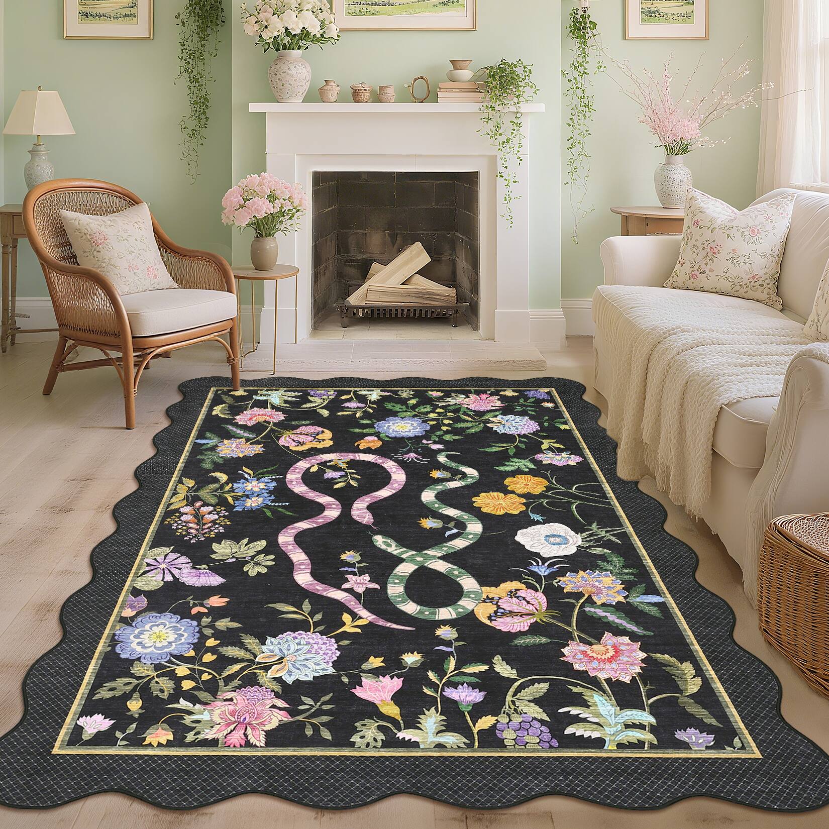 Angle. GARVEE - Pastoral Washable Area Rug with Floral & Snake Pattern Ultra Soft Low Pile Non Slip Rug for Boho Farmhouse Bedroom - Black.