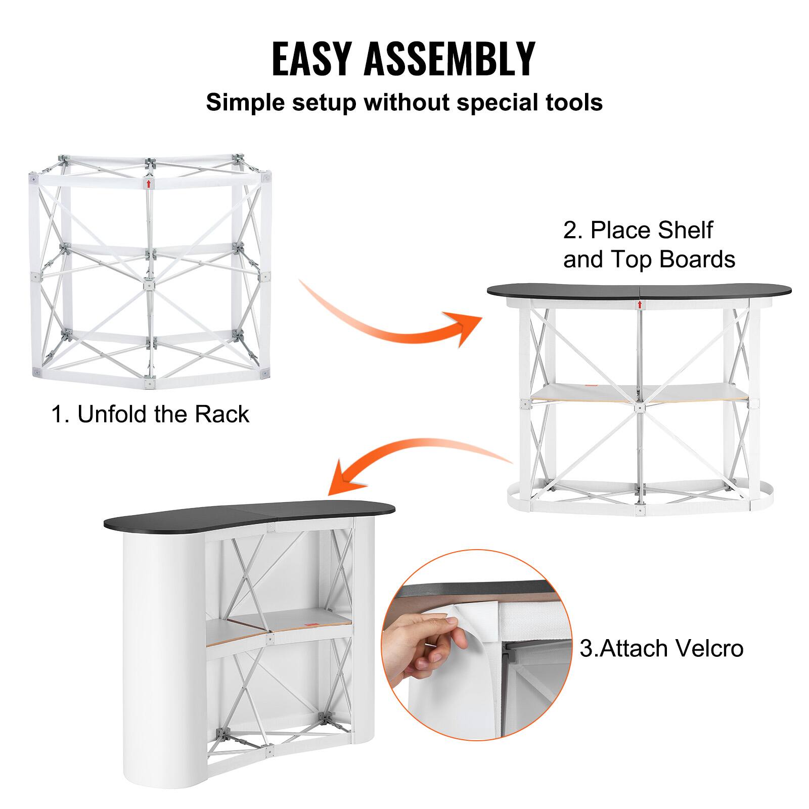 EASY ASSEMBLY  
Simple setup without special tools

1. Unfold the Rack  
2. Place Shelf and Top Boards  
3. Attach Velcro