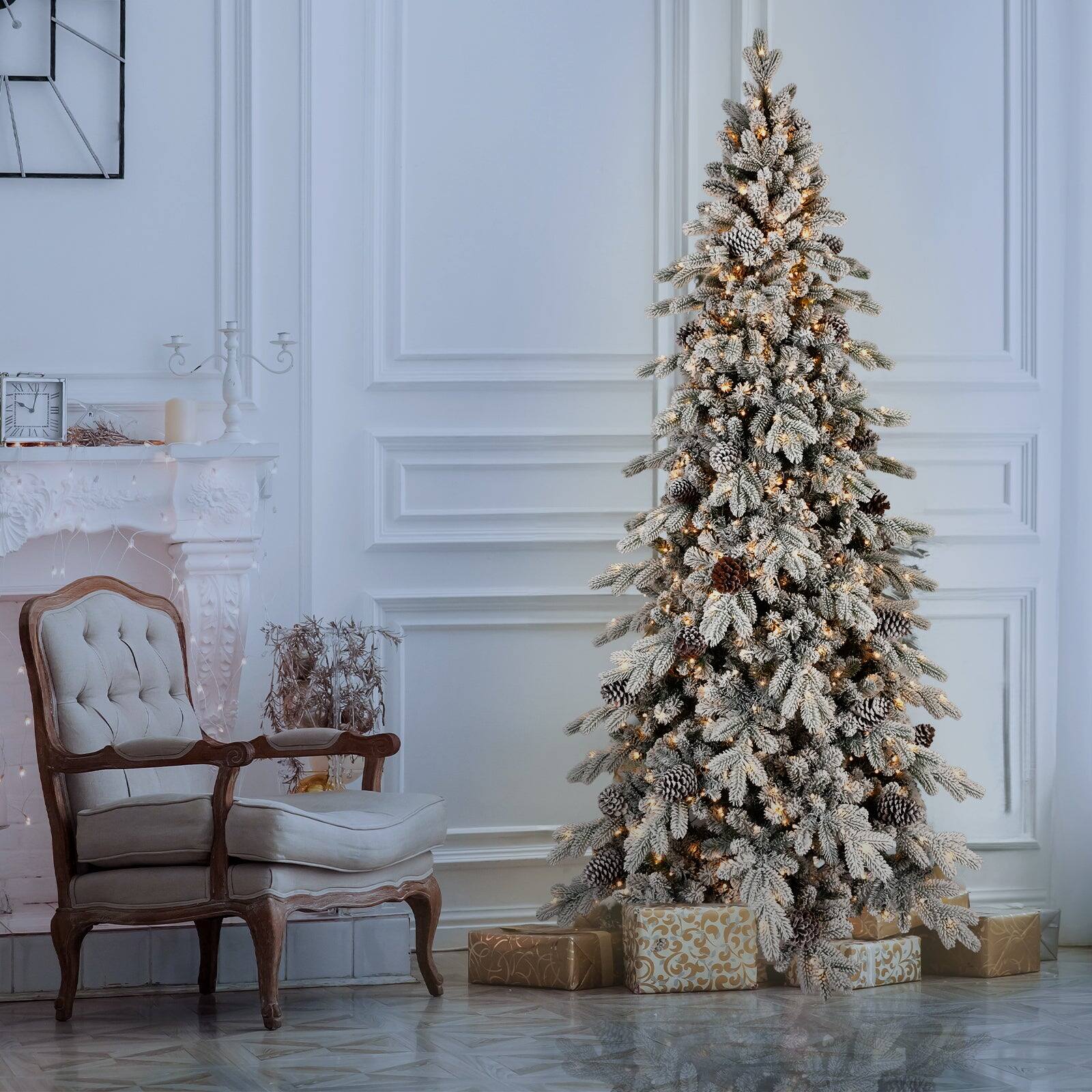 Alt View 2. BreeBe - 8FT Flocked PE/PVC Christmas Tree with 1000 Warm White LED Lights 1634 Tips - White,Green.